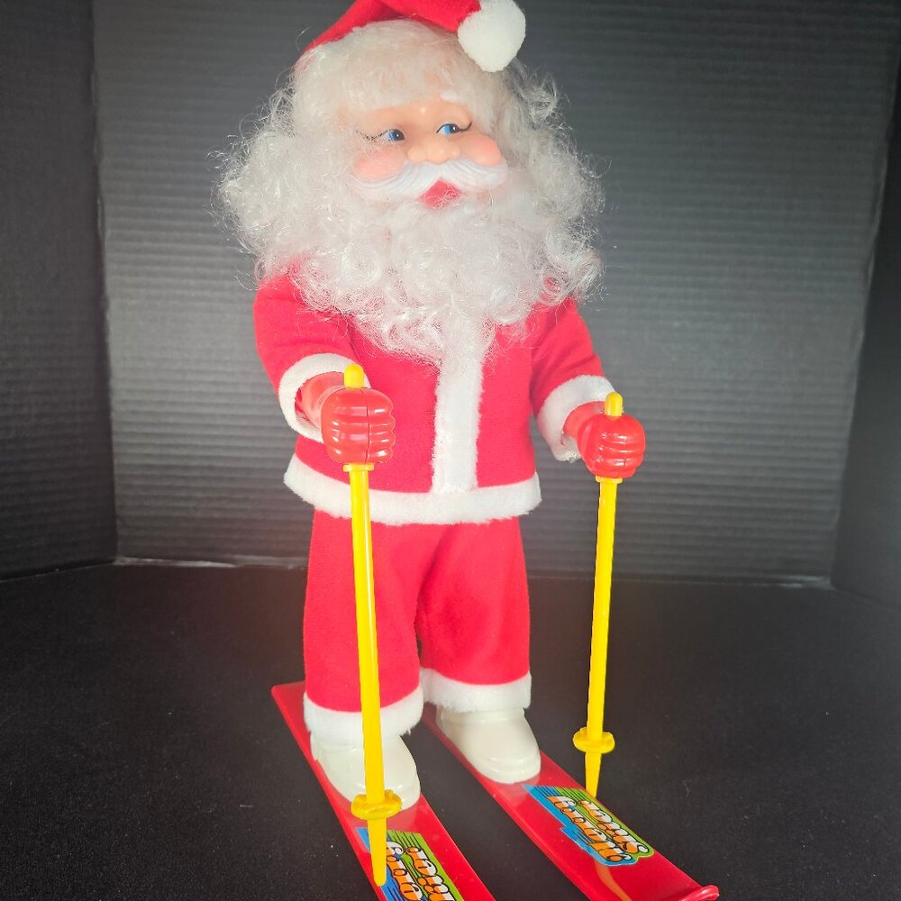 Vintage Musical Merry Skier Santa Claus On Skis Rolls Around & Plays Jingle Bell